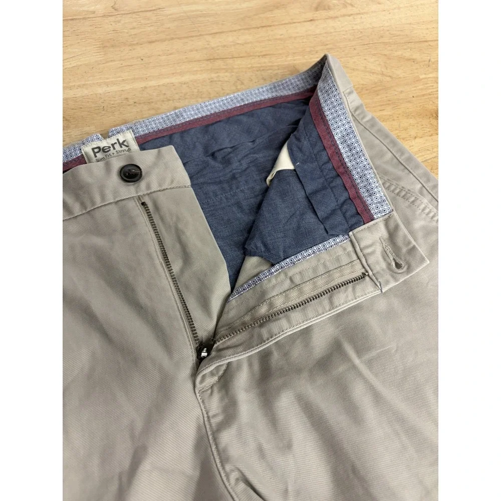 Mens PERK Khaki Pants Slim Stretch Size 36x32 Brown Tan Casual Flat Front